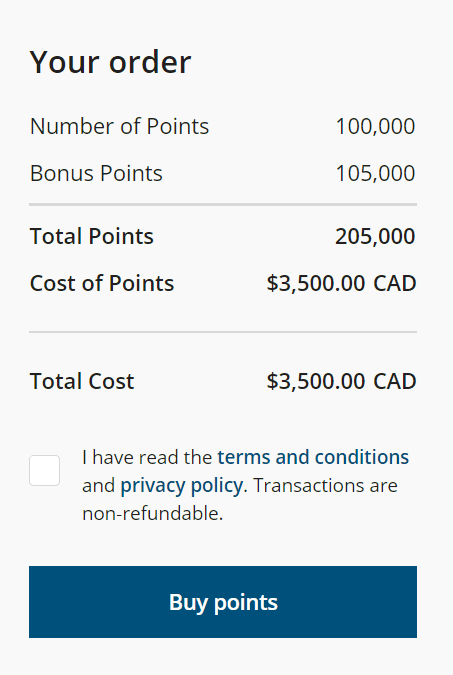 Exemplificação de compra de pontos aeroplan