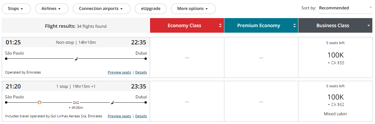 Aeroplan emirates gru dxb