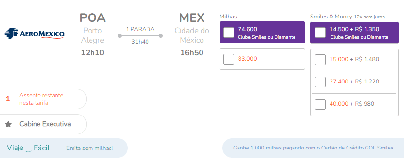 Disponibilidade milhas Smiles Porto Alegre x Cidade do México