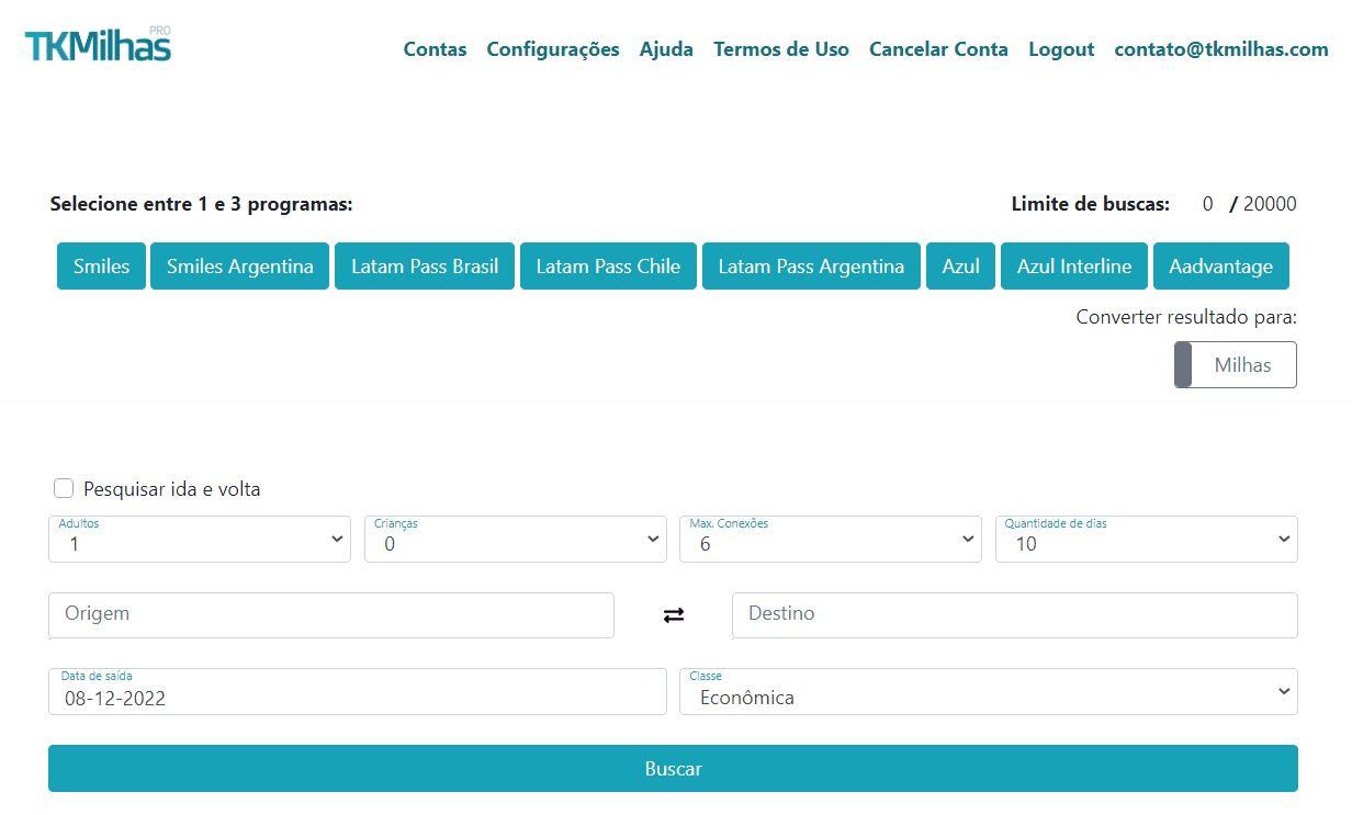 TkMilhas pesquisa sistema ferramenta