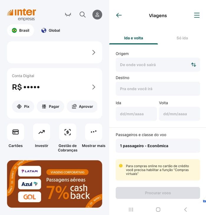 Aplicativo do Inter Empresas anuncia 7% de cashback em passagens aéreas