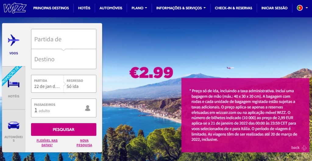 Wizz Air oferta 10 mil passagens por 2,99 euros com a Itália como origem ou destino