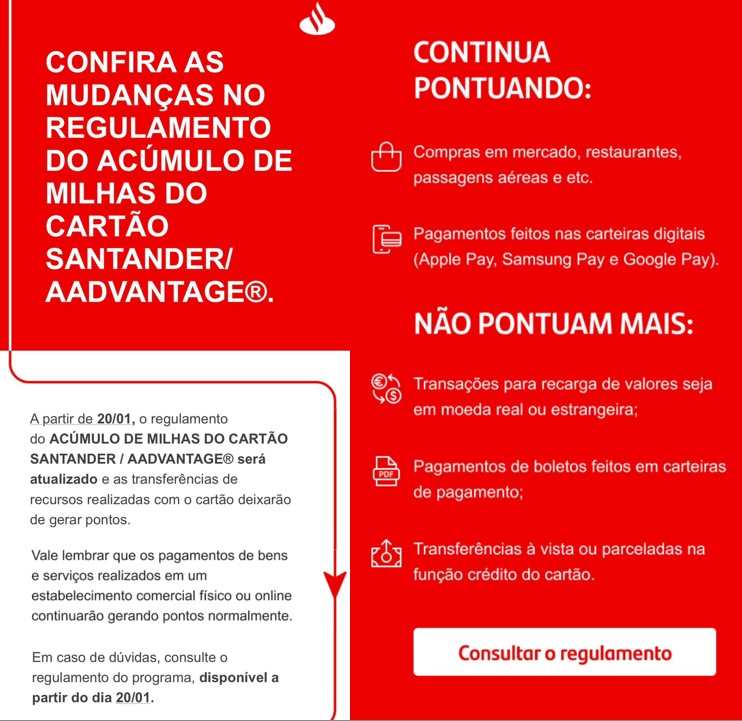 Confira as mudanças no regulamento do acúmulo de milhas do cartão Santander AAdvantage.