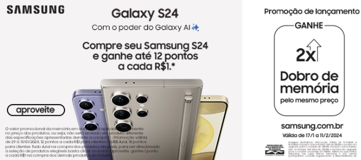 Samsung Galaxy S24 valendo 12 pontos a cada real gasto no Magalu