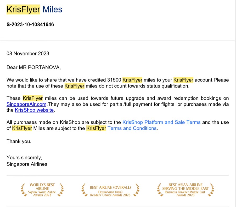 A excelente atitude do programa KrisFlyer da Singapore Airlines