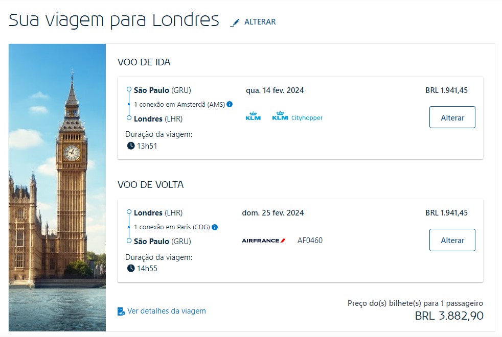 Exemplo de passagens de ida e volta de São Paulo para Londres logo após o Carnaval de 2024