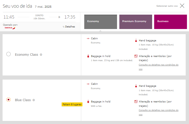 tarifa azul sem bagagem despachada iberia plus