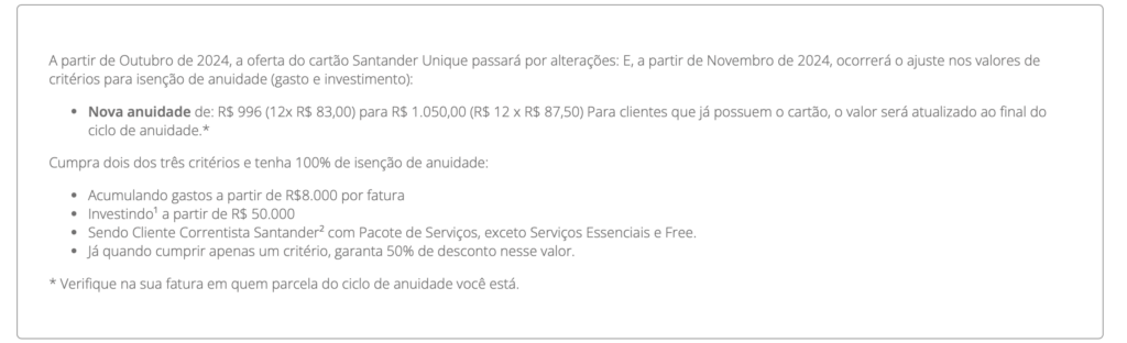 Anuidade cartão Unique Santander