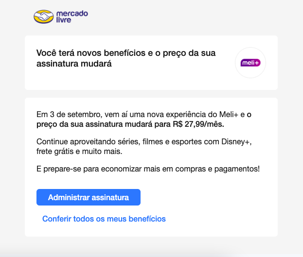 Meli+ aumento de preço assinatura