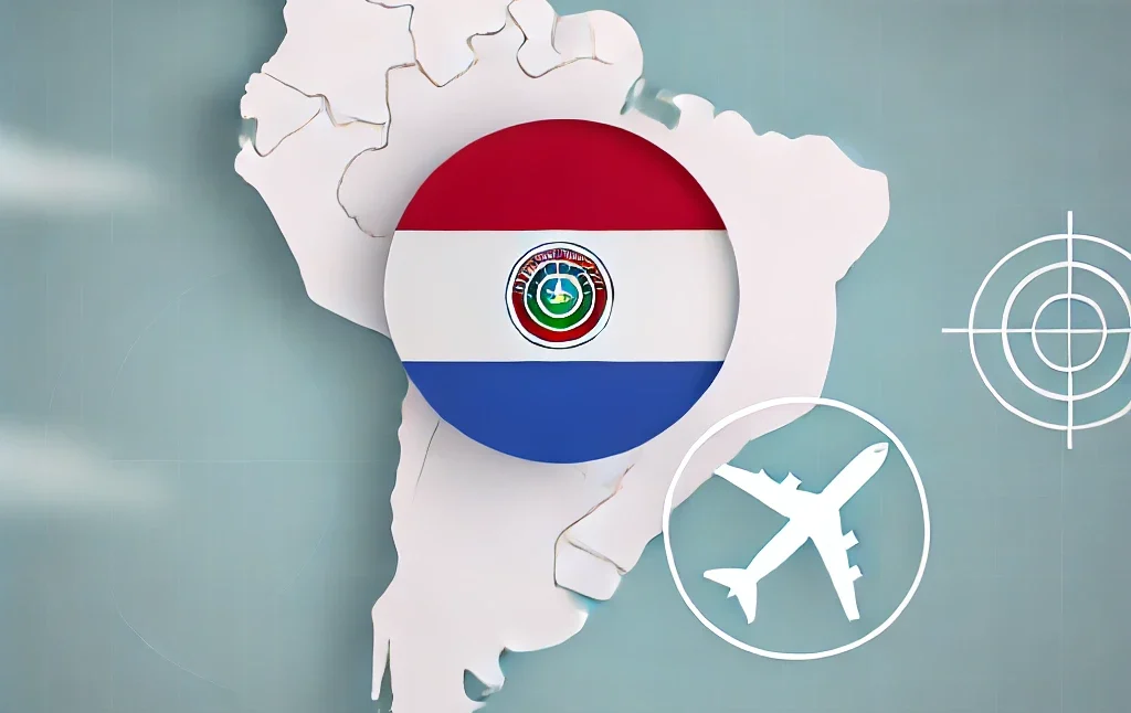 DALL·E 2024-08-03 10.23.34 – A clean and minimalist illustration symbolizing Paraguay joining an Open Skies Agreement. The image features the Paraguayan flag prominently in the ce Paraguai adere a acordo de céus abertos