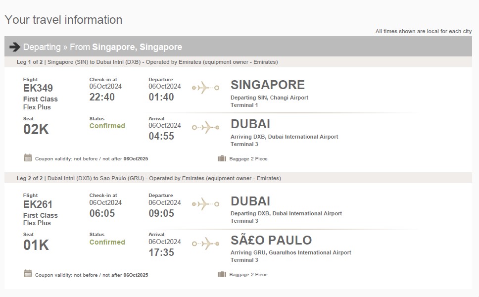 Compartilhando Emissões: Singapura para Guarulhos em dois voos de primeira classe com a Emirates