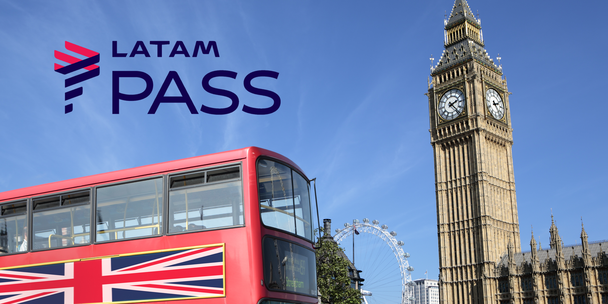 londres-latam-pass outdoor, céu, europa, latam, pass, milhas construção, relógio, torre, torre do relógio, texto, vermelho, ônibus, cidade