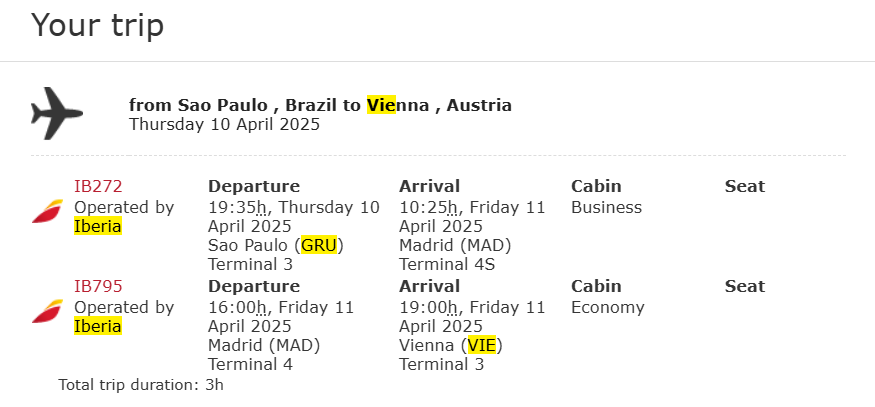 Compartilhando Emissões - Guarulhos para Viena em classe executiva e econômica premium voando Iberia