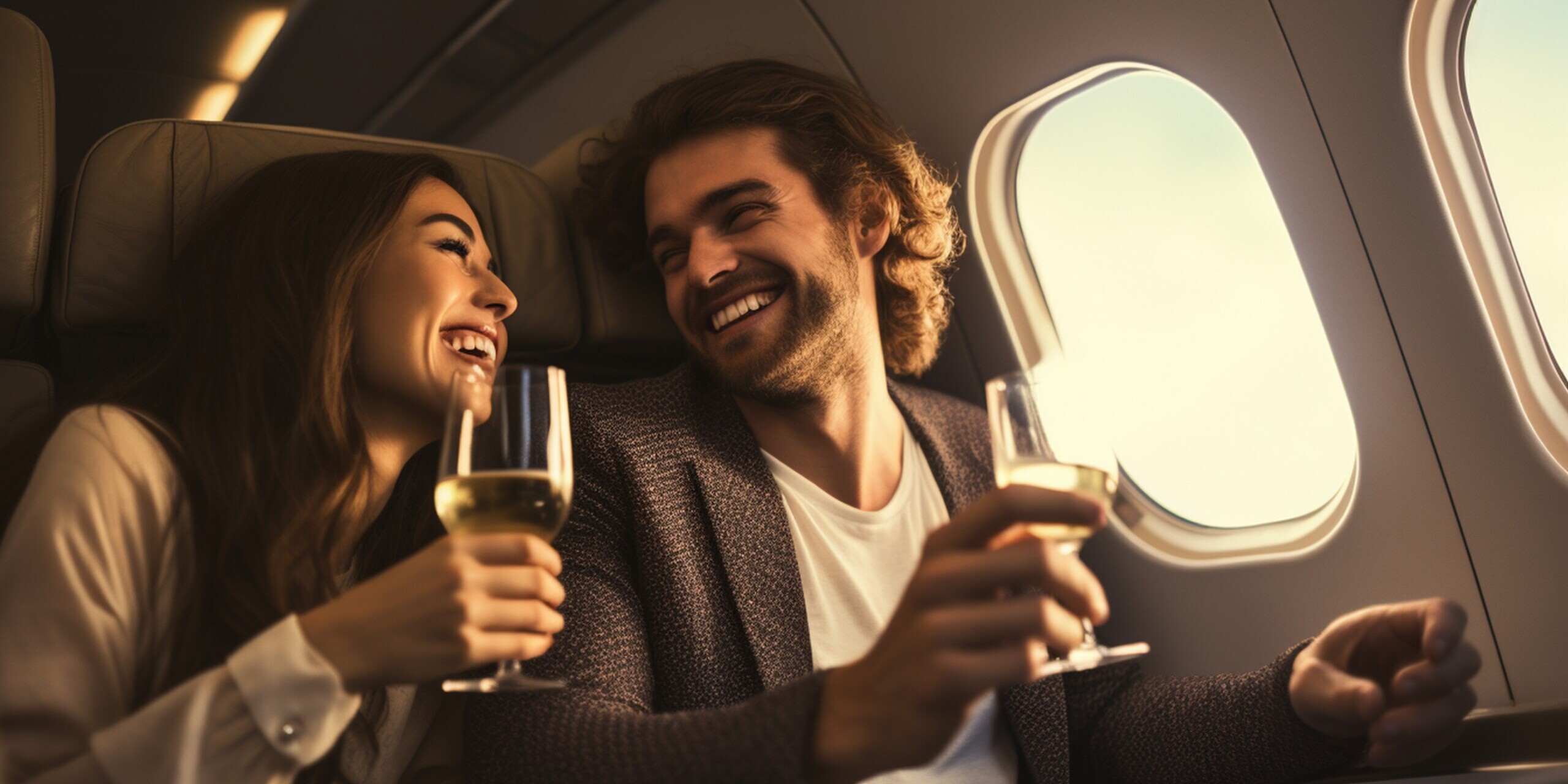 firstclass-all-way-smiling-happy-couple-seated-private-jet-toasting-each-other-while-heading-trip alerta de passagens, grupo, milhas, pessoa, Rosto humano, roupas, homem, passageiro, Cabine de aeronave, interno