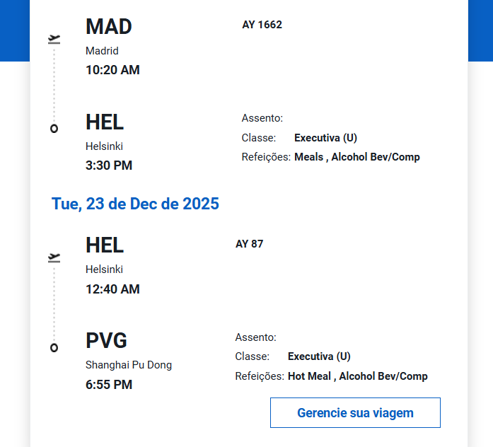Compartilhando emissões - Madri para Shanghai em classe executiva voando Finnair