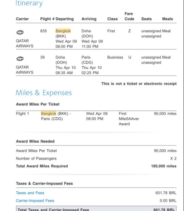 Compartilhando Emissões – Bangkok para Paris em primeira classe e executiva voando Qatar
