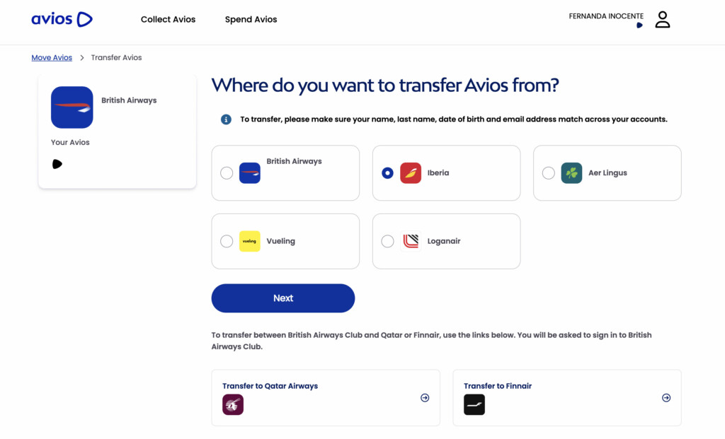 transferência avios iberia british