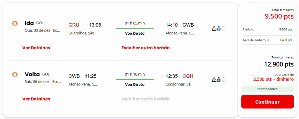 Exemplo de voo nacional de ida e volta por menos de 10 mil pontos Esfera