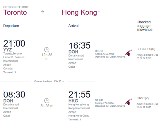 Compartilhando Emissões: Toronto para Hong Kong voando Qatar com Avios