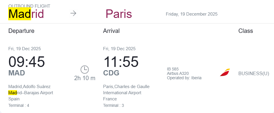 Compartilhando Emiss&otilde;es: Madri para Paris em classe executiva voando Iberia