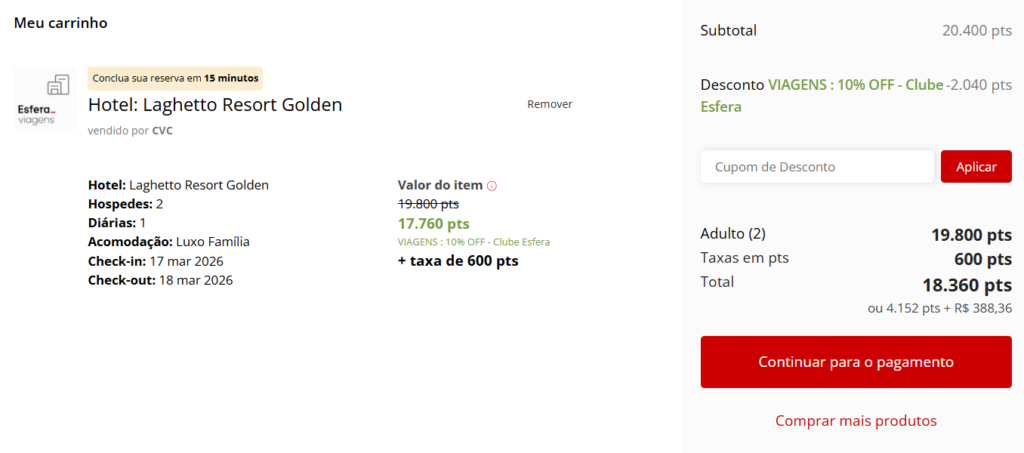 pontos + dinheiro hotel esfera 3