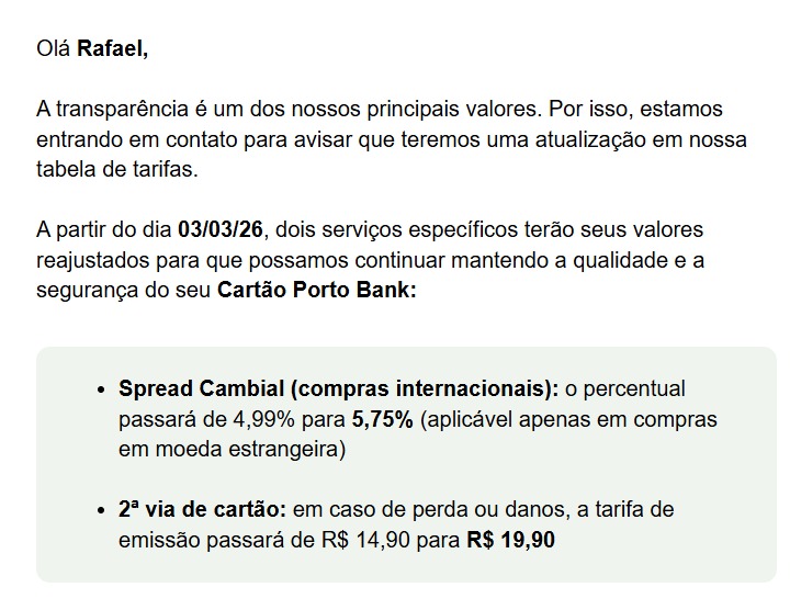 cartão porto bank spread
