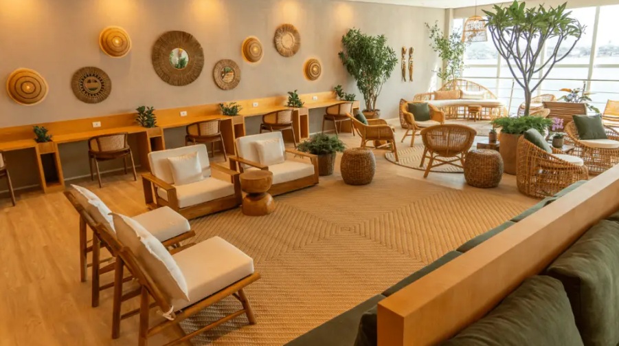 piso, interno, design de interiores, parede, mesa de café, mesa, Mesa da sala de jantar e cozinha, vaso, Sofá de studio, Apoio de braço, sofá, Assoalho, cadeira, Sala de espera, planta doméstica, hotel, janela, teto, móveis, grande, cômodo, jantar, de madeira