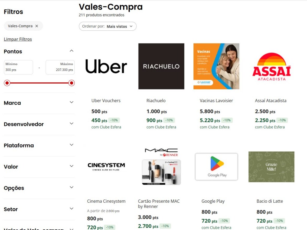 vales-compra pontos esfera opções e filtros