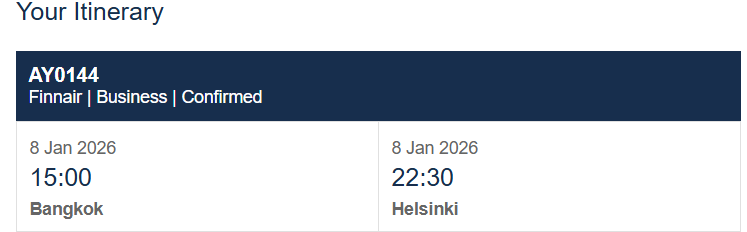 Compartilhando Emissões: Bangkok para Helsinki voando Finnair em classe executiva