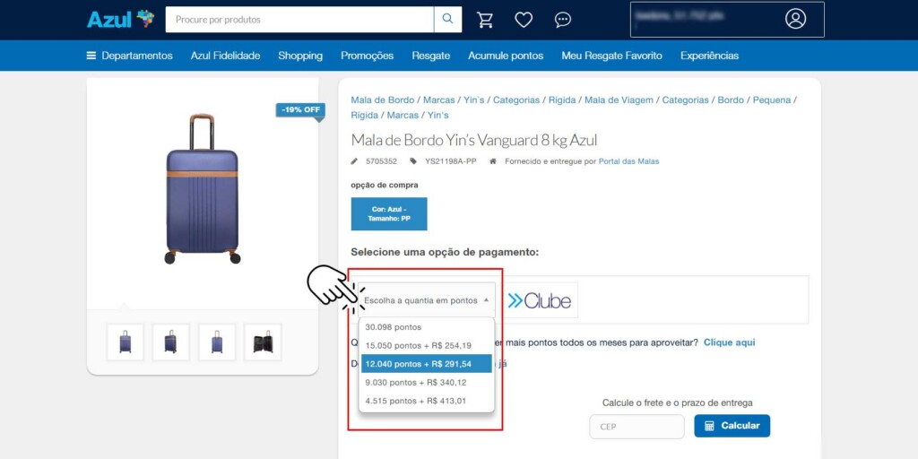 shopping azul fidelidade pontos + dinheiro